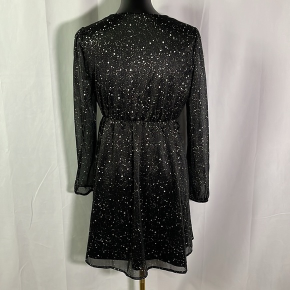 Black & Metallic Silver Dot Print Long Sleeve V-Neck Mini Dress - Picture 3 of 16